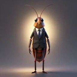full body shot of a thin anthropomorphic cockroach wearing a suit with a tie, with long thin antennae, trending on artstation, trending on deviantart ,backlighting, 8k, hyper detail illustration, symmetrical, correct proportions, 3d render, by tim schafer, vibrant colors, by tim burton, studio ghibli