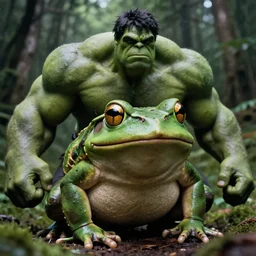 macro medium shot, rugged anthropomorphic muscular!!!!!!!!! oversized!!!!!!!! hulked!!!! frog as frog oversized green frog barbarian hunter in deep forest, kodachrome film still