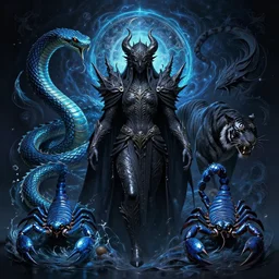 tribal cryptic shadow king, ancient power, black rattlesnake, water dragon, blue scorpion, black tiger, nebula halo, intricate artwork by artgerm, greg rutkowski, and kilian eng, symmetrical!!! digital illustration, hyper detailed!!!, super sharp, crisp, smooth, vibrant colors!!! smooth gradients!!!! depth of field, aperture f 1. 2