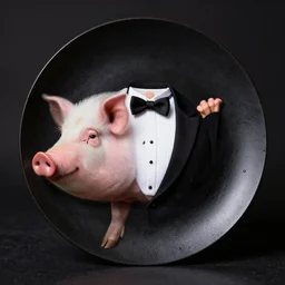 wet plate photography, dark background, pig in a tuxedo