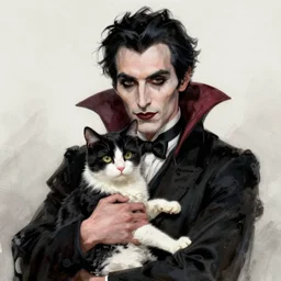 an elegant single victorian vampire holding lovingly a black and white domestic cat, portrait, intricate, elegant, highly detailed, digital painting, artstation, concept art, rough, sharp focus, illustration, art by artgerm and greg rutkowski and alphonse mucha and cris ortega and serge birault