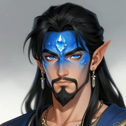 blue forehead crystal hindu, male black haired half elf, black goatee, blue eyes, artstation, style of jesper ejsing, by rhads, makoto shinkai and lois van baarle, ilya kuvshinov, ossdraws