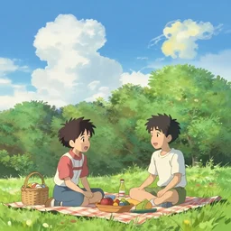Anime of an happy family with two boys of 10 years old and 5 years old, in Vincennes parc having a pic nic, beautiful weather, peaceful cloud, by Makoto Shinkai
