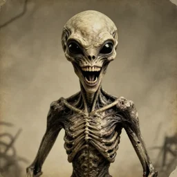 crooked teeth, completely black eyes, gaping mouth, alien looking, skull like, big forehead, horrifying, killer, creepy, dead, monster, tall, incredibly skinny, open mouth, deathly, old photo, photo turning yellow, slightly realistic