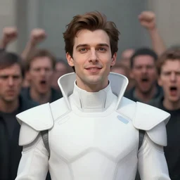 portrait of a regal prince in futuristic white clothes, high collar, sharp cheekbones, hopeful expression, surrounded by a crowd of furious people out of focus, matte painting, digital art, stylized, highly detailed, by cedric peyravernay