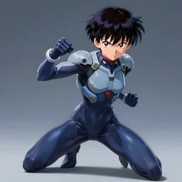 A boy with a cyberpunk suit by Rumiko Takahashi,trending on ArtStation, fighting pose, realistic, detailed