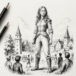 Giant Katniss Everdeen stands next to a town, surrounded by people, ink pen sketch, trending on ArtStation, Gulliver's Travels