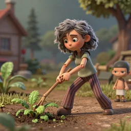 a stopmotion animation character, a beautiful canadian woman, pulling weeds out frantically, some grey hair, stripey pants, octane render, 8 k, kubo and the two strings, jan svankmayer, disney, pixar,