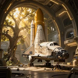 a damaged broken space shuttle in the interior of an old abandoned sci - fi hangar an old oak tree grows inside the courtyard golden rays of sunlight enter through the window gold neon lights digital art trending artstation