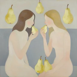 abstract figurative art, style, lovers eat, rebecca sugar, pears, dreamy, muted, pastel colors