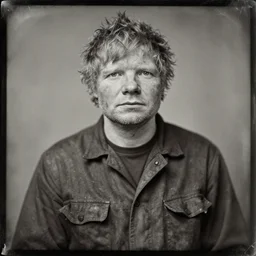daguerreotype ambrotype of grizzled old wrinkled ed sheeran in a dirty mining uniform, highly detailed,