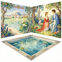 tiled room with square pond, fantasy. intricate, amazing composition, colorful watercolor, by ruan jia, by maxfield parrish, by marc simonetti, by hikari shimoda, by robert hubert, by zhang kechun, illustration, gloomy