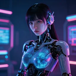 japanese model cyborg with digital led skin, neon lighting, techno neon projector background, portrait photo, intricate details, ultra realistic, unreal engine 5, depth of field, bokeh, octane render