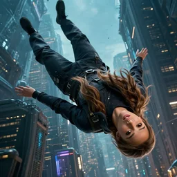 down angle view of navy seals falling into a cyberpunk city one that looks like jessica alba detailed faces, realistic faces, photo realism