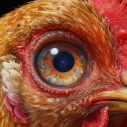 low angle shot of a chicken eye with the galaxy in the iris by clive barker, intricate, elegant, highly detailed, centered, digital painting, artstation, concept art, smooth, sharp focus, illustration, artgerm, Tomasz Alen Kopera, Peter Mohrbacher donato giancola, Joseph Christian Leyendecker, WLOP, Boris Vallejo.