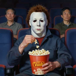 painting of Michael Myers sitting in a row of movie theater seats eating popcorn, sharp focus, face focused, trending on ArtStation, masterpiece, by Greg Rutkowski, by Ross Tran, by Fenghua Zhong, octane, soft render, oil on canvas, moody lighting, high contrast, watching movie, cinematic, professional environmental concept art