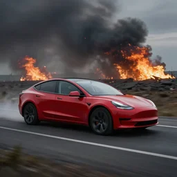 Tesla model 3 driving across Ukraine, War on the horizon, Smoke and fire everywhere, Dark horror like style , The tesla has red color and is intact , Shot is taken from the profile of the car , road is blurred from the movement.