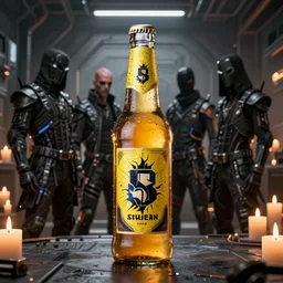 swedish black metal band with bright 5 l bottle of beer, all black cyberpunk clothes, futuristic, realistic, promo photograph, epk, in a room full of candles, high quality, highly detailed