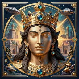 symetrical art deco poster illustration highly detailed ornate with jewels and precious metals majestic face of the man warrior king close up in the bg entrance castle kingdom of shambala as shangri - la, space ships, futuristic, land of advanced races, giants, hollow earth, hiperrealistc, global illumination, radiant light, detailed and intricate environment. art by oleg oprisco, 8 k