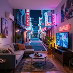 living room designed to look like a tokyo alley at night, with neon signs, photography