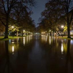 night photo realistic symmetry park drowned in water with lots of lights at night, trending on artstation