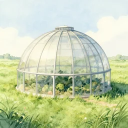 a watercolor painting of a spherical greenhouse in a grass field, an illustration by Buckminster Fuller, behance, ecological art, concept art, matte drawing, photoillustration, art nouveau
