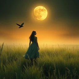 grass sun english meadow rooks and a woman. eerie dreamy beautiful. realistic