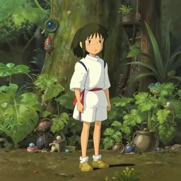 key art for a Disney animated film from 1990 from Hayao Miyazaki\'s Spirited Away of a girl standing in a room full of plants and little objects. Studio ghibli