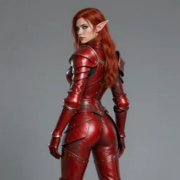 Female elf paladin, dnd, d&d, leggins, red skintight leather armor, red hair, looking from behind, blue eyes, visible face, pretty face features, high fantasy, matte painting, by wlop