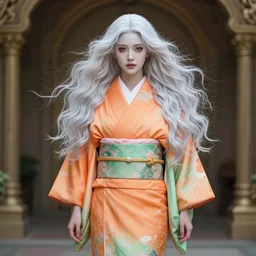dreamlike luxury stunning gorgeous woman fairy full body portrait, pale orange and green kimono long wavy hair windy, art by artgerm, wlop, loish, ilya kuvshinov, 8 k hyperrealistic, hyperdetailed, beautiful lighting, detailed background, depth of field, symmetrical face, frostbite 3 engine, cryengine,