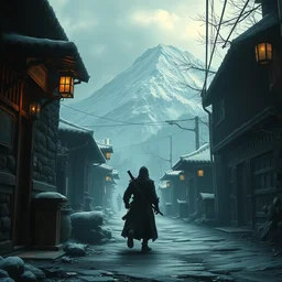 a ninja sneaking up on a samurai in a dark back street, fantasy artwork, nordic scenery, snowy green mountain, hd, hdr, ue 5, ue 6, unreal engine 5, cinematic 4 k wallpaper, 8 k, ultra detailed, high resolution, artstation, award winning