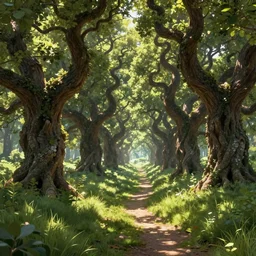 hq beautiful digital matte painting detailed forest light grassy path with stunning twisting fantasy oak trees in the summer sunshine, by tyler smith 8 k resolution trending on artstation