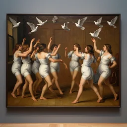realistic museum photography of a painting with a group of girls wearing white shorts, dancing with white pigeons in a wooden room in style raffaello sanzio, italian renaissance painting, detailed
