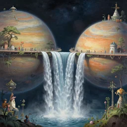 beguiling epic stunning beautiful insanely detailed matte painting of two planets connected by waterfalls designed by michal karcz, by cyril rolando and asher durand and natalie shau, whimsical, intricate