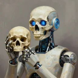 an headless i robot holding a skull with the hands, torso portrait, intricate, elegant, volumetric lighting, scenery, digital painting, highly detailed, artstation, sharp focus, illustration, concept art, luis rollo, ruan jia, steve mccurry, john berkey
