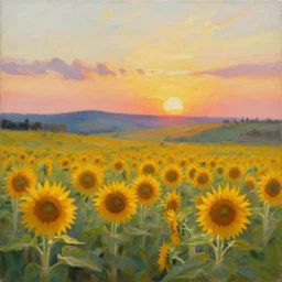 an oil painting of a beautiful meadow of sunflowers, hills, sunset,