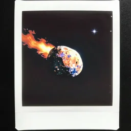 analog polaroid of an asteroid floating through space, with a trace of fire behind it, bright colors, lens flare, sparkles