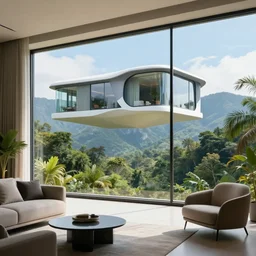 looked at big window, architectural, mountains in background, cloud forest in background, tropical, sunny day time, clear sky, living room, furniture, IKEA catalogue, futuristic, ultra realistic, ultra detailed, cinematic light, anamorphic