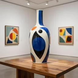 beautiful gallery show studio photograph of a giant ceramic sculpture of a bottle, glazed by bridget riley and victor vasarely, placed on a polished wooden table, hyperrealism 8 k trending on artstation