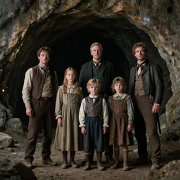 sharp, highly detailed, film from a 2 0 1 9 sci fi 8 k movie, set in 1 8 6 0, a family standing outside a cave on a strange alien planet, wearing 1 8 5 0 s era clothes, atmospheric lighting, in focus, reflective eyes, 3 5 mm macro lens, live action, nice composition