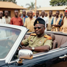 High-quality photography of an African dictator dressed as a general sitting in his convertible luxury car in an African village and surrounded by curious villagers, shot on iPhone