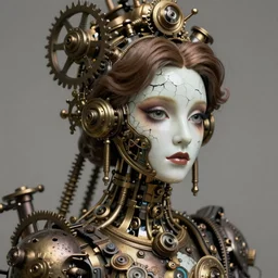 beautiful ornate mechanical victorian woman, a cracked porcelain face, steampunk, intricate details, portrait, realistic octane render, shallow depth of field, 8k