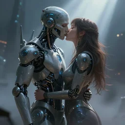 ultra realistic medium shot of a couple of cyborgs kissing, lovers, cyberpunk, sci - fi, fantasy, kodak, colour led, soft light, volumetric lighting, fog, light rays, night, intricate, highly detailed, digital painting, concept art, smooth, sharp focus, illustration, art by artgerm and greg rutkowski and alphonse mucha