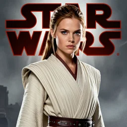 movie poster by iain mccaig and magali villeneuve, a beautiful woman jedi master, highly detailed. star wars expanded universe, she is about 2 0 years old, wearing jedi robes.