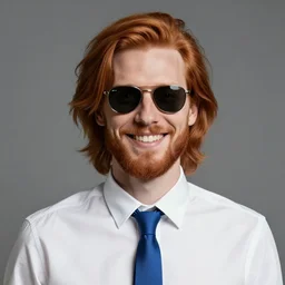 A man with medium length ginger hair in a emo style with a beard and wearing a white collared shirt with a blue tie while wearing sunglasses and smiling, portrait, realistic, hyperrealistic, 4k resolution, 8k resolution, HD Quality, highly detailed, very detailed, detailed, studio quality lighting, real life