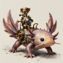 steampunk axolotl, masterpiece, intricate, elegant, highly detailed, digital painting, smooth, sharp focus, illustration, art by james gurney, graeme base, brian froud, alan lee