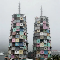 two towers, made up of makeshift squatter shacks with pastel colours, misty, dystopia, mamiya rb 6 7, fully frontal view, very detailed, photographed by trent parke