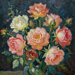 a beautiful painting of roses and other flowers, macro perspective, painted by vincent van gogh, dark background
