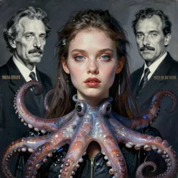 A portrait of a beautiful cyberpunk girl with octopus, by Man Ray and Helmut Newton, fine art