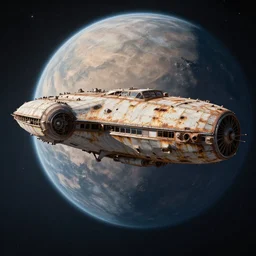 photograph of a rusty generational spaceship landing on a new hopefully habitable planet.